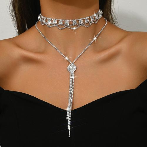 Brass Necklace silver color plated Double Layer & for woman & with rhinestone Sold By PC