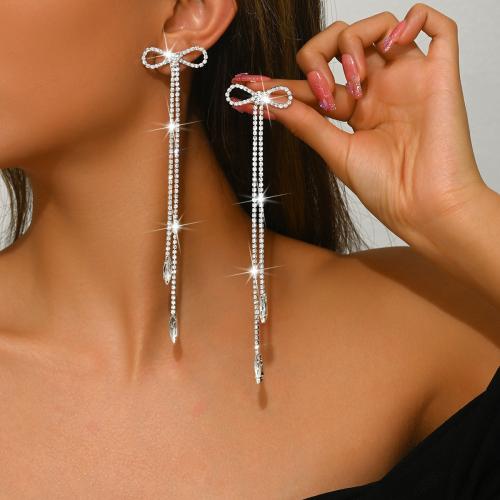 Messing Tassel Earring, Bowknot, sølvfarvet forgyldt, for kvinde & med rhinestone, 32x145mm, Solgt af par