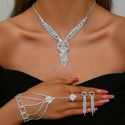 Sárgaréz Jewelry Set, Szív, ezüst színű bevonattal, különböző stílusokat a választás & a nő & strasszos, Által értékesített Set