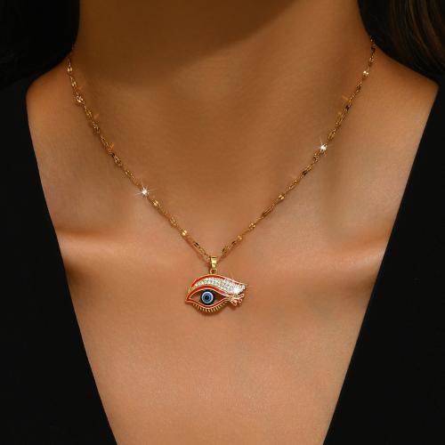 Titanium Stål Halskæde, med 2.4inch extender kæde, Evil Eye, guldfarve belagt, forskellige stilarter for valg & for kvinde & med rhinestone, Længde Ca. 15.4 inch, Solgt af PC