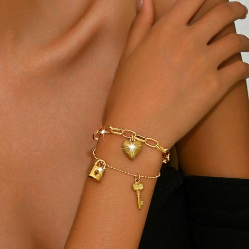 lega in zinco braccialetto, Lock and Key, placcato color oro, Doppio strato & per la donna, Lunghezza Appross. 7.9 pollice, Venduto da PC