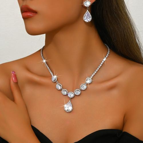 Messing Smykker Set, ørering & halskæde, Teardrop, forgyldt, Micro Pave cubic zirconia & for kvinde, flere farver til valg, Solgt af sæt