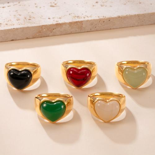 304 Stainless Steel Finger Ring with Natural Stone gold color plated  & for woman Sold By PC