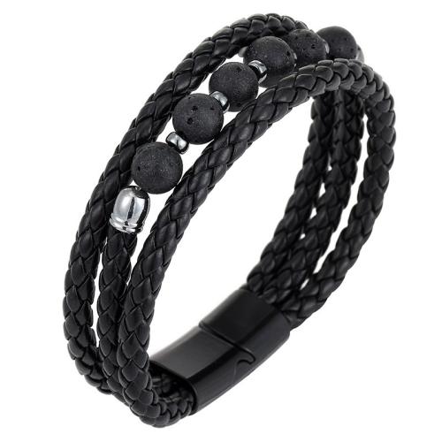Pulseras de Cordón de PU, Cuero de PU, con Piedra preciosa sintética, chapado, tres capas & diferentes materiales para la opción & unisexo, Beads: 8mm, longitud aproximado 21.5 cm, Vendido por UD