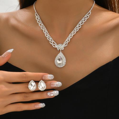 Zinek Šperky Set, Stud náušnice & náhrdelník, Slza, barva stříbrná á, 2 kusy & pro ženy & s drahokamu, Prodáno By nastavit