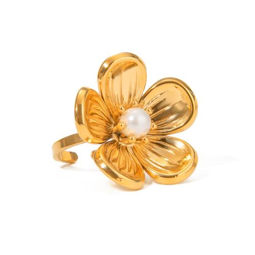 Vinger Ring in edelstaal, 304 roestvrij staal, met Plastic Pearl, Bloem, 18K verguld, mode sieraden & voor vrouw, Verkocht door PC