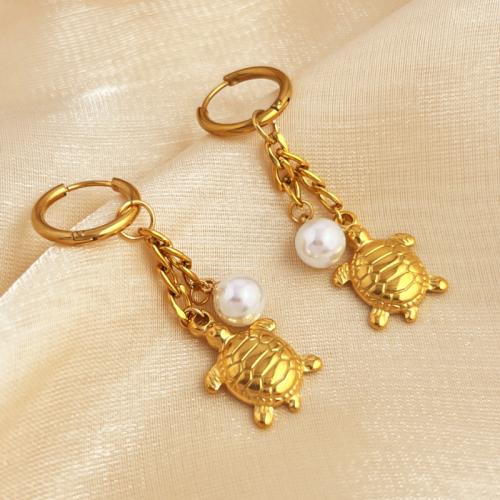Roestvrij staal hangoorbellen, 304 roestvrij staal, met Plastic Pearl, plated, mode sieraden & voor vrouw, gouden, Verkocht door pair