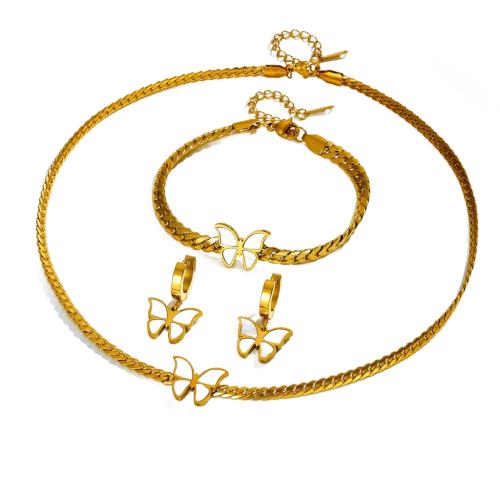 Conjuntos de joyería de acero inoxidable, acero inoxidable 304, con Nácar Blanca, Mariposa, chapado, diferentes estilos para la opción & para mujer, dorado, Necklace :45cm Bracelet :16cm., Vendido por UD
