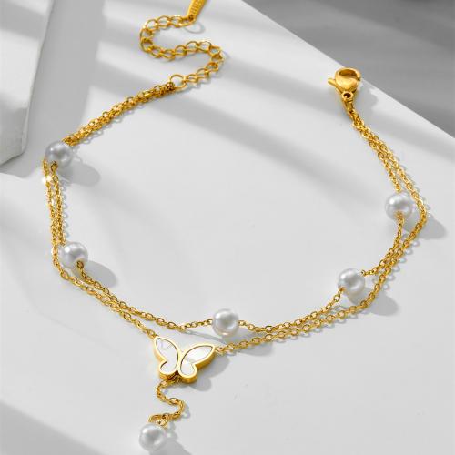 Anklet ze stali nierdzewnej, Stal nierdzewna 304, ze Muszla biała & Perła plastikowa, Powlekane, Podwójna warstwa & biżuteria moda & dla kobiety, złoty, długość około 21 cm, sprzedane przez PC