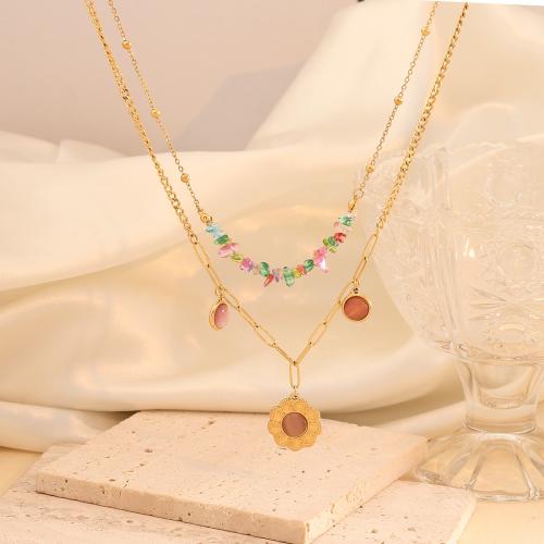 Collier de bijoux en acier inoxydable, Acier inoxydable 304, avec pierrecaillou, Placage, Double couche & styles différents pour le choix & pour femme, doré, Vendu par PC