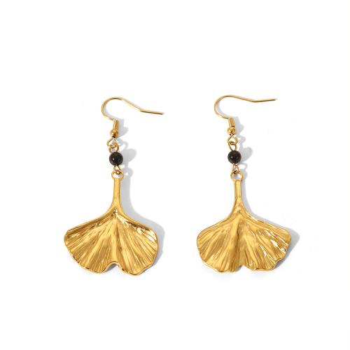 Rustfrit stål Drop ørering, 304 rustfrit stål, med Sort Agate, Ginkgo blad, forgyldt, mode smykker & for kvinde, gylden, Solgt af par