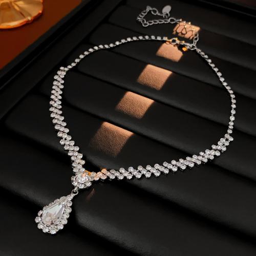 aleación de zinc collar, Gota, chapado en color de plata, para mujer & con diamantes de imitación, longitud aproximado 16.9 Inch, Vendido por UD