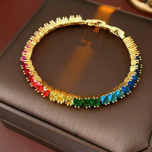 ottone braccialetto, placcato color oro, Micro spianare cubic zirconia & per la donna, Lunghezza Appross. 7 pollice, Venduto da PC