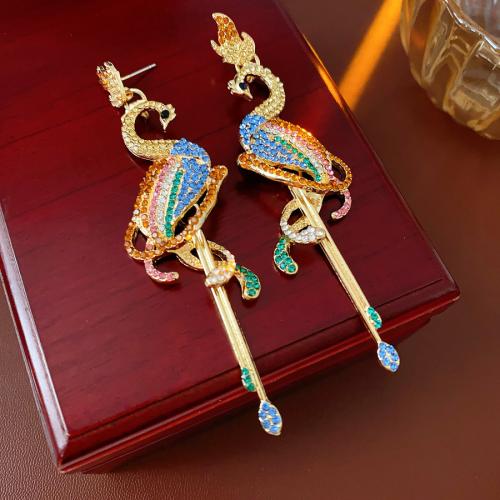 Cink Alloy Drop naušnica, Životinja, zlatna boja pozlaćen, za žene & s Rhinestone, 25x93mm, Prodano By par