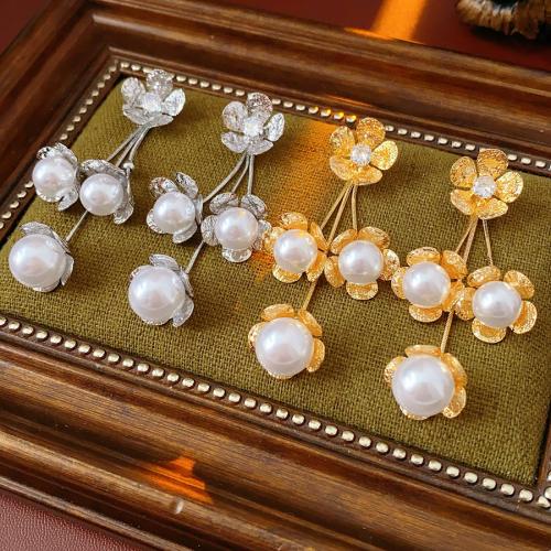 Prás Buail Earring, le Pearl Plaisteacha, Flower, plátáilte, micrea réiteach zirconia ciúbach & do bhean, dathanna níos mó le haghaidh rogha, 30x70mm, Díolta De réir Péire