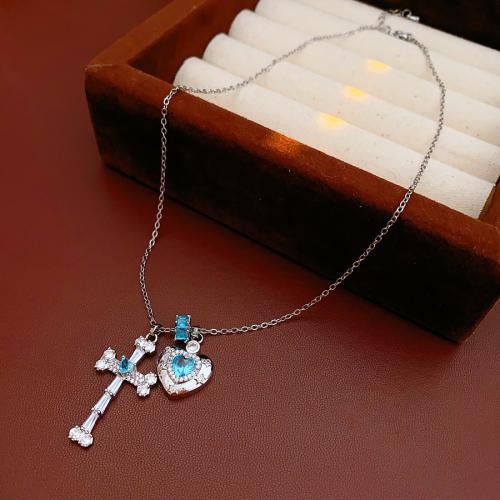 Mässing Halsband, Cross, silver pläterad, micro bana cubic zirconia & för kvinna, Längd Ca 15.7 inch, Säljs av PC