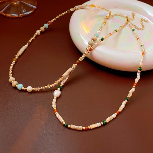 Zinc Alloy Necklace with White Shell & Freshwater Pearl & Crystal with 2.8inch extender chain plated & for woman Length Approx 15.7 Inch Sold By PC