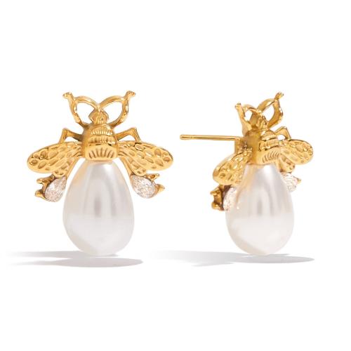 Brincos de garanhão de aço inoxidável, Aço inoxidável 304, with zircone em forma de cubo & Concha de resina, Abelha, 18K banhado a ouro, joias de moda & para mulher, vendido por par