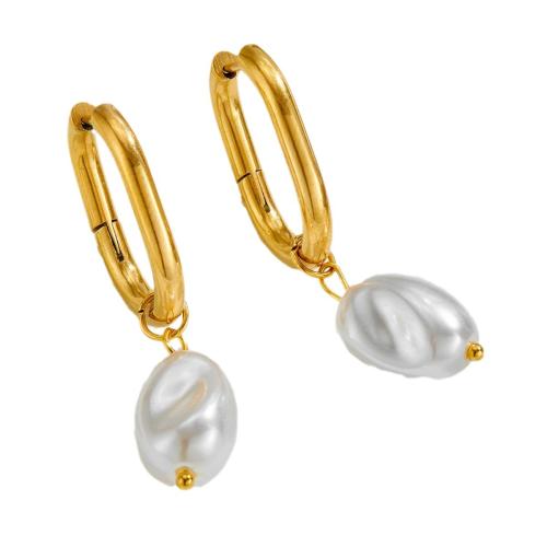 Stainless Steel Drop Earring 304 Stainless Steel with Plastic Pearl plated fashion jewelry & for woman golden Sold By Pair
