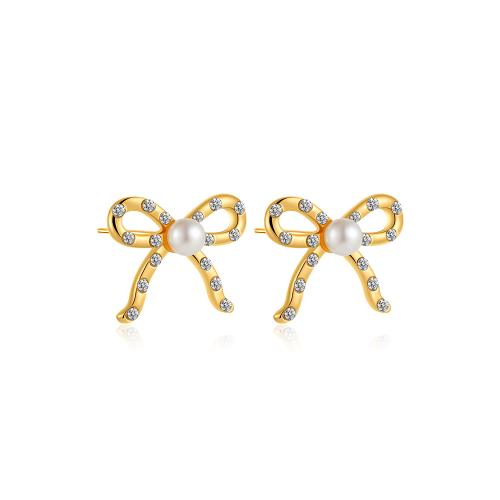 Prás Graí Earring, le Pearl Plaisteacha, Bowknot, 18K ór plátáilte, do bhean & le rhinestone & log, Díolta De réir Péire