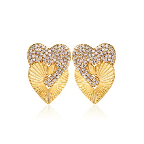 Boucles d'oreilles en laiton zircon cubique pavent, coeur, Plaqué or 18K, Double couche & pavé de micro zircon & pour femme, Vendu par paire