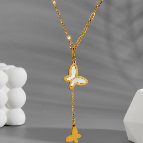 Nerezová ocel šperky náhrdelník, 304 Stainless Steel, s White Shell, módní šperky & pro ženy, zlatý, Délka Cca 45 cm, Prodáno By PC