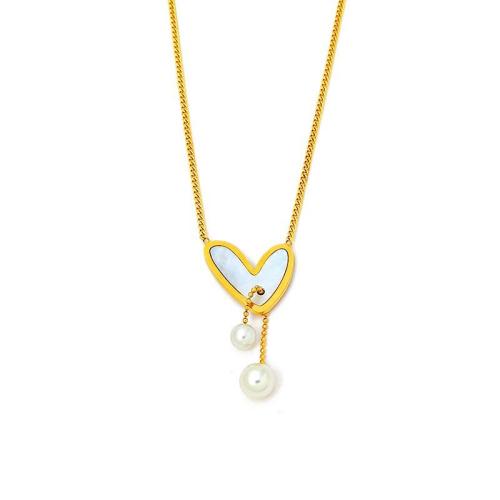 Nerezová ocel šperky náhrdelník, 304 Stainless Steel, s White Shell & Plastové Pearl, módní šperky & pro ženy, zlatý, Délka Cca 45 cm, Prodáno By PC