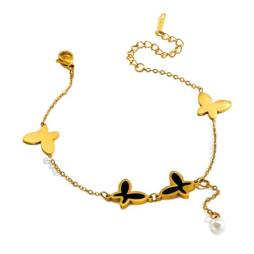 Stainless Steel Anklet 304 Stainless Steel with Plastic Pearl & Acrylic plated fashion jewelry & for woman golden Length Approx 21 cm Sold By PC