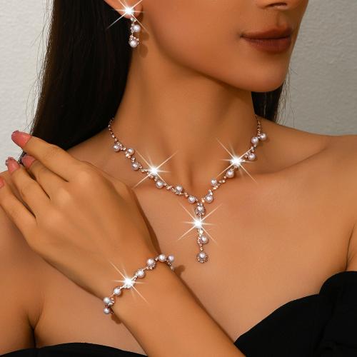 Messing Smykker Set, med Plastic Pearl, forgyldt, forskellige stilarter for valg & for kvinde & med rhinestone, Solgt af sæt