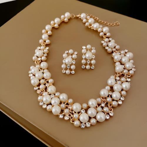 Messing Sieraden set, met Plastic Pearl, met 2.8inch extender keten, plated, verschillende stijlen voor de keuze & micro pave zirconia & voor vrouw, Lengte Ca 13.9 inch, Verkocht door PC