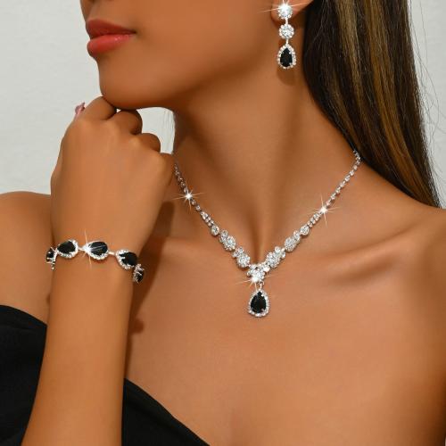Brass Jewelry Set silver color plated & for woman & with rhinestone Sold By Set