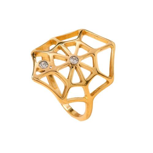 nehrđajućeg Čelik vještački dijamant Finger Ring, 304 nehrđajućeg čelika, paukova mrea, pozlaćen, bez spolne razlike & s Rhinestone & šupalj, zlatan, Prodano By PC