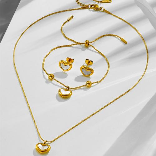 Komplety biżuteria ze stali nierdzewnej, Stal nierdzewna 304, ze Muszla biała, Serce, Pozłacane 18K, biżuteria moda & różne style do wyboru & dla kobiety, Necklace :40cm; Bracelet :16cm., sprzedane przez PC