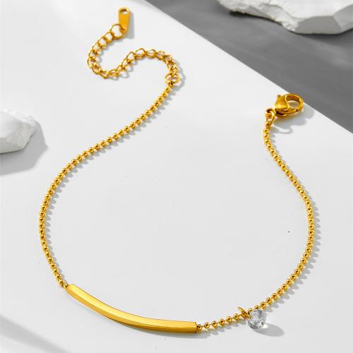 Torta de aço inoxidável, Aço inoxidável 304, with zircone em forma de cubo, 18K banhado a ouro, joias de moda & para mulher, comprimento Aprox 20 cm, vendido por PC