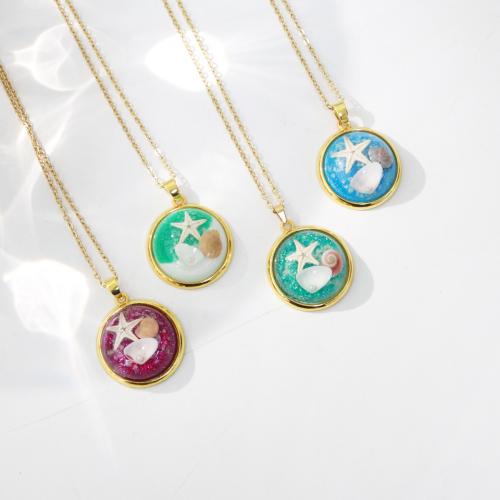 alliage de zinc collier, avec coquille de trompette, Placage de couleur d'or, pour femme & autocollant époxyde & lumineux, plus de couleurs à choisir, 28mm, Diamètre intérieur:Environ 25mm, Longueur Environ 41-50 cm, 6PC/sac, Vendu par sac