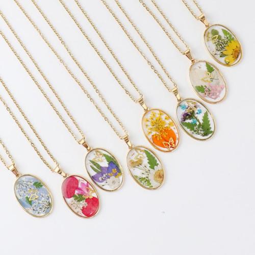 Zinc Alloy Necklace with 304 Stainless Steel Chain & Dried Flower & Resin epoxy gel fashion jewelry & for woman Length Approx 45 cm Sold By Bag