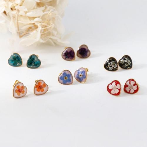 304 rostfritt stål Stud Earring, med Torkade blommor, Hjärta, guldfärg pläterade, olika mönster för val & för kvinna & epoxi klistermärke, 6Pairs/Bag, Säljs av Bag
