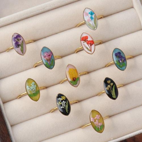304 Nerūdijantis plienas Cuff Finger Ring, su Džiovintų gėlių, aukso spalva padengtas, įvairių dizaino pasirinkimas & moters & epoksidinės lipdukas, 12kompiuteriai/Krepšys, Pardavė Krepšys