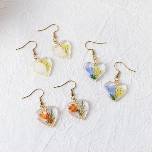 304 Stainless Steel Drop Earring with Dried Flower & Resin Heart & for woman & epoxy gel Sold By Bag