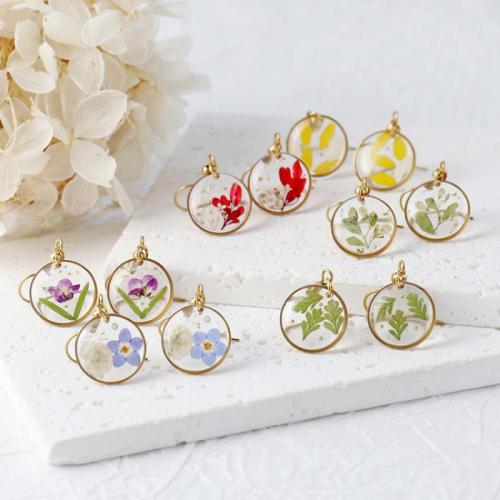 304 Stainless Steel Drop Earring with Dried Flower & Resin Round epoxy gel fashion jewelry & for woman golden Sold By Bag