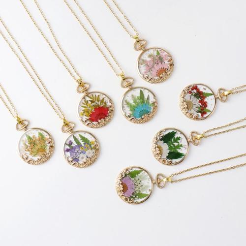 Zinc Alloy Necklace with 304 Stainless Steel Chain & Dried Flower & Resin fashion jewelry & for woman golden Length Approx 45 cm Sold By Bag