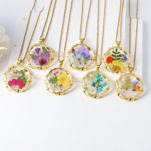 Zinc Alloy Necklace with 304 Stainless Steel Chain & Dried Flower & Resin epoxy gel fashion jewelry & for woman Length Approx 45 cm Sold By Bag