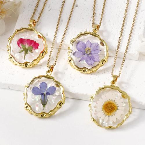 Zinc Alloy Necklace with 304 Stainless Steel Chain & Dried Flower & Resin epoxy gel fashion jewelry & for woman golden Length Approx 45 cm Sold By Bag