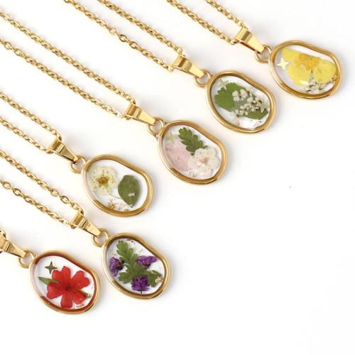 304 Stainless Steel Necklace with Dried Flower & Resin epoxy gel fashion jewelry & for woman golden Length Approx 45 cm Sold By Bag