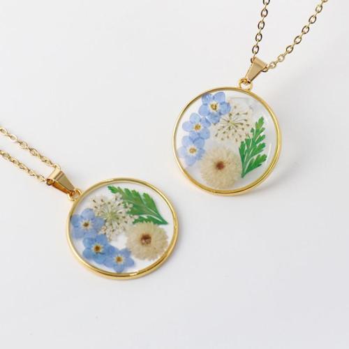 Brass Necklace with 304 Stainless Steel Chain & Dried Flower & Resin epoxy gel fashion jewelry & for woman golden Length Approx 45 cm Sold By Bag