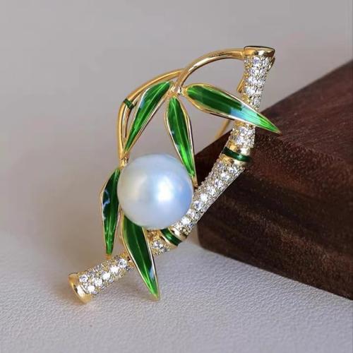 Enamel Brooch Brass with Plastic Pearl Leaf gold color plated & for woman 35mm Sold By PC