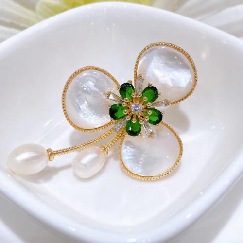 Brass Brooch with White Shell & Glass Pearl Three Leaf Clover gold color plated for woman & with rhinestone brooch length 35-55mm Sold By PC