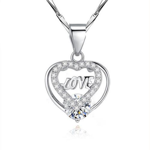 925 Sterling Silver Necklace Heart platinum plated & micro pave cubic zirconia & for woman Length Approx 16-20 Inch Sold By PC