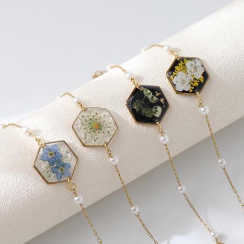 304 Stainless Steel Bracelet with Dried Flower & Resin plated fashion jewelry & for woman golden Length Approx 16 cm Sold By Bag