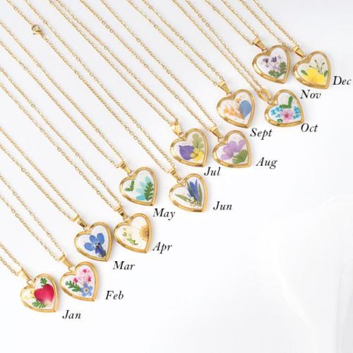 304 Stainless Steel Locket Necklace with 304 Stainless Steel Chain & Dried Flower & Resin can open and put into something & for woman golden Length Approx 45 cm Sold By Bag